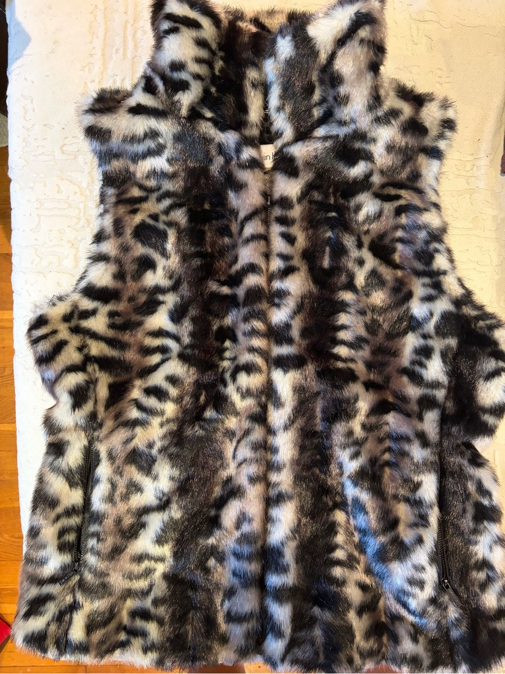Calvin Klein Faux Fur Leopard Print Vest - Black, Brown, Cream